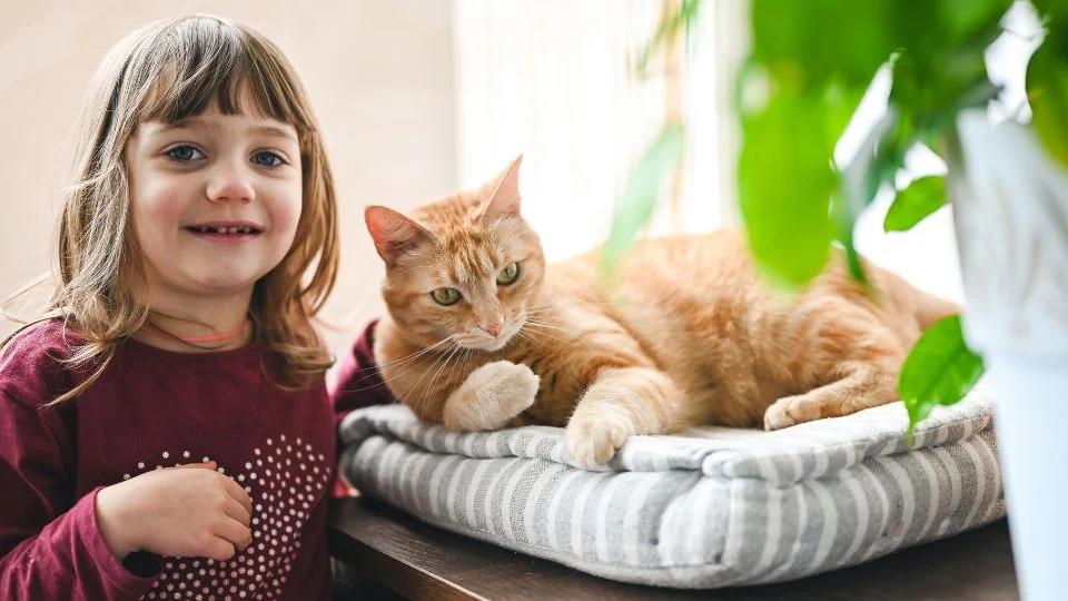 Egy kislány mosolyogva ül egy macska mellett, aki kényelmesen fekszik.