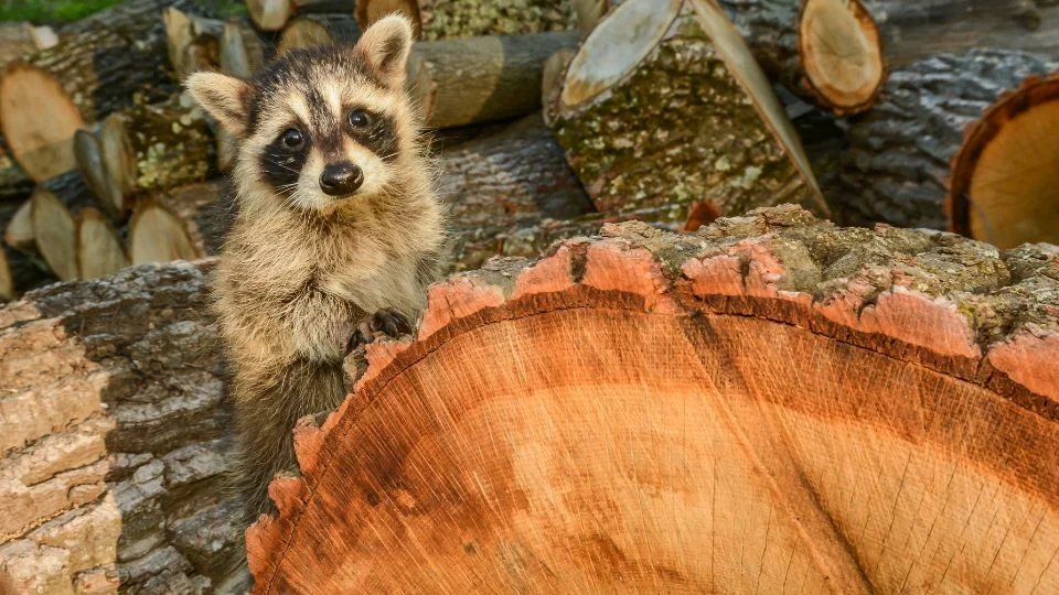 Egy fiatal mosómedve ül egy fatönkön, mögötte fatuskók láthatók.