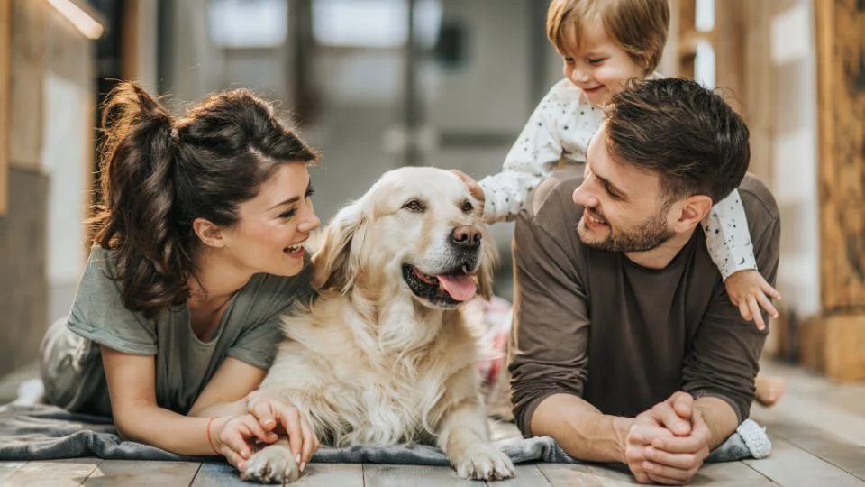 Egy család a kutyájával játszik a földön, boldog pillanatokban.
