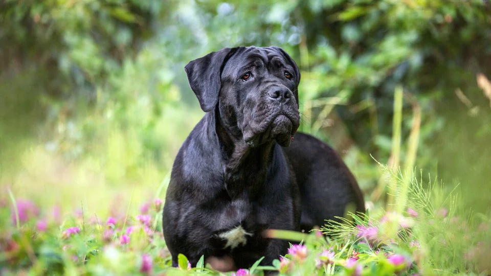 Egy Cane Corso kutya pihen a virágos réten, nyugodt és figyelmes.