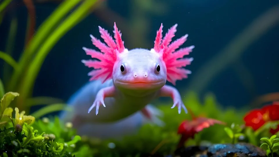 Egy axolotl úszik a vízben, élénk rózsaszín tüskékkel és barátságos arccal.