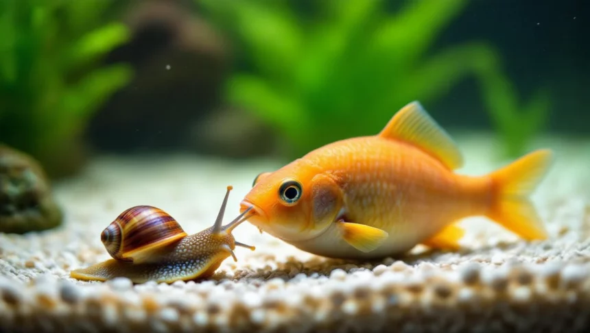 Egy csigaevő hal és egy csiga az akváriumban, színes háttérrel.