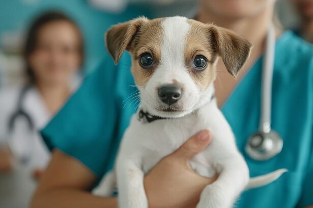 Egy kis kutya, akit egy állatorvos tart a karjában, barátságos és kíváncsi tekintettel.