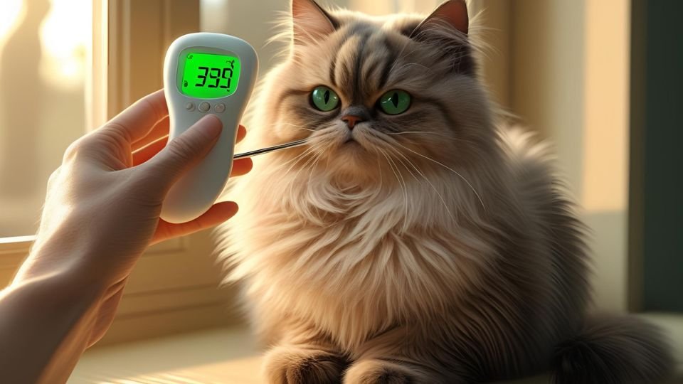 Egy lázas macska látható, amint hőmérőt használnak rajta.
