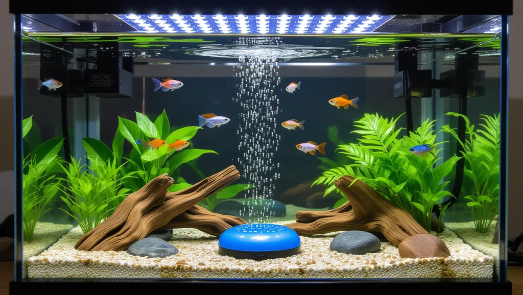 Egy akvárium színes halakkal, levegőztető rendszerrel és növényekkel.