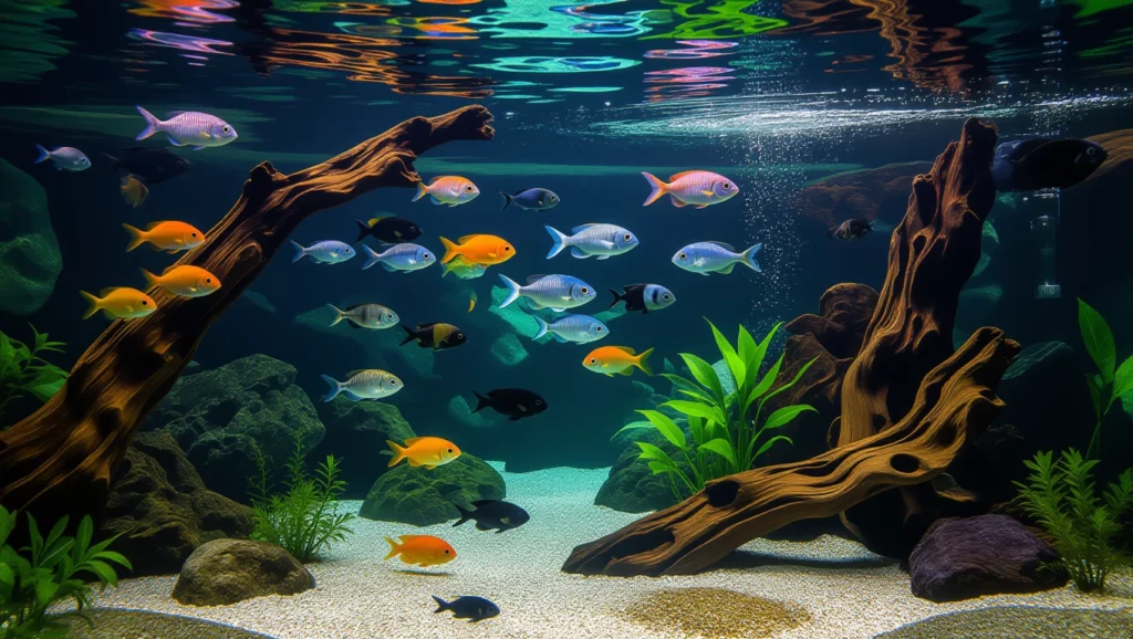 Színes halak úsznak egy akváriumban, természetes környezetben.