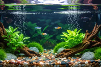 Egy gyönyörű akvárium, benne színes halakkal és zöld növényekkel.