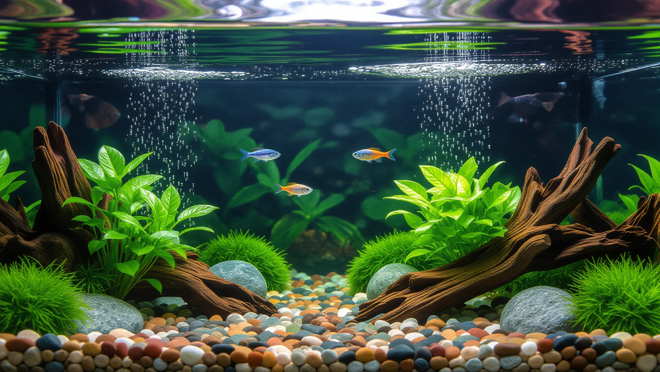 Egy gyönyörű akvárium, benne színes halakkal és zöld növényekkel.