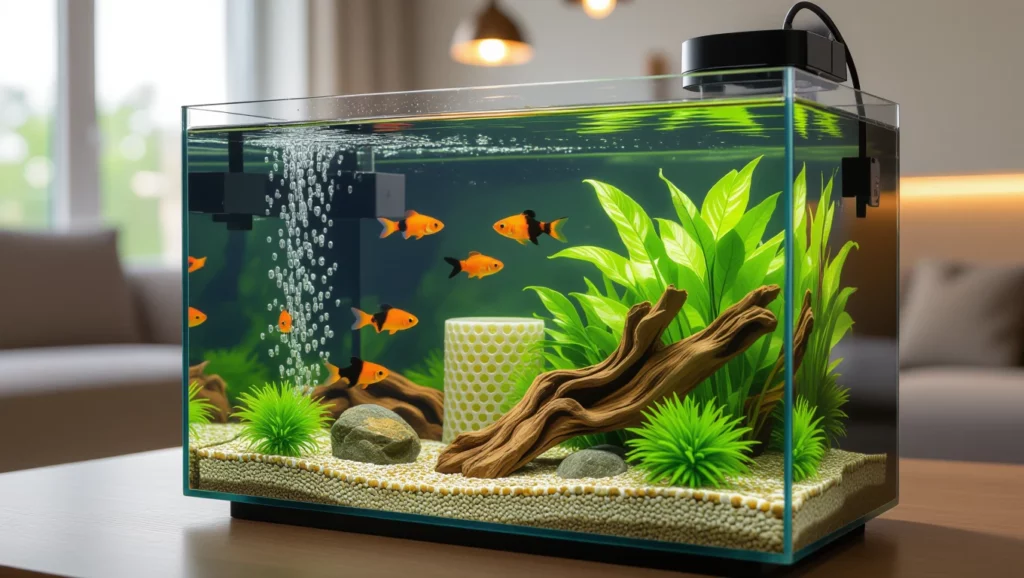 Egy modern akvárium aranyhalakkal, zöld növényekkel és természetes díszítőelemekkel.