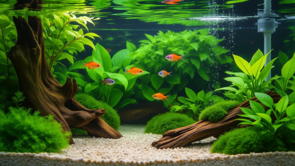 Színes akvárium, dús növényzettel és farönkök mellett úszó halakkal.