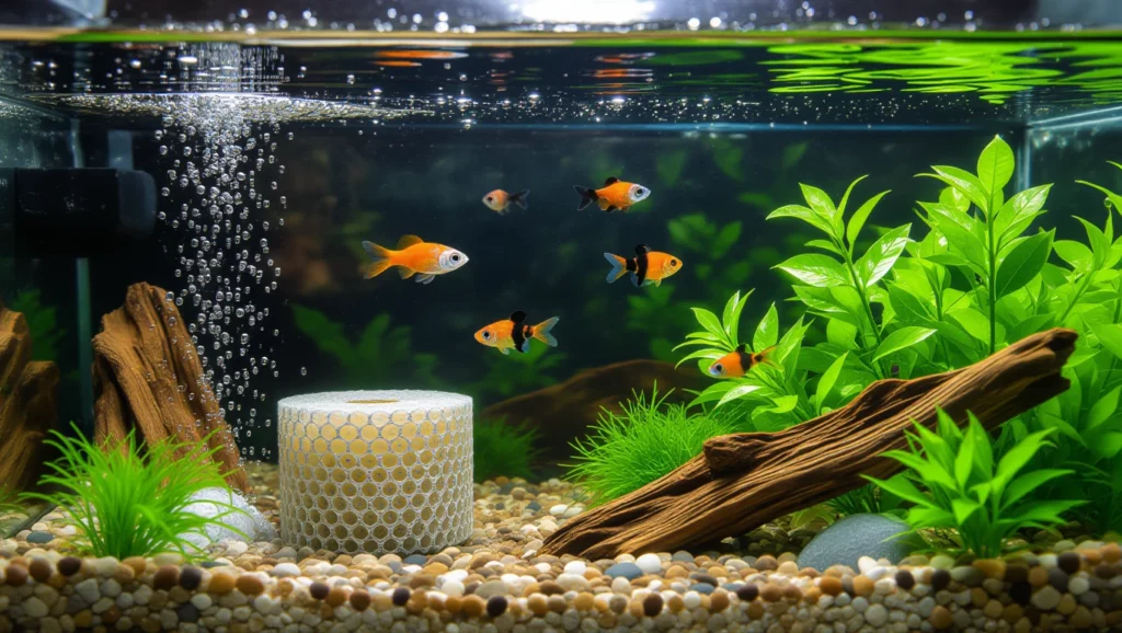 Színes halak úsznak egy akváriumban, zöld növények és kavicsos talaj között.