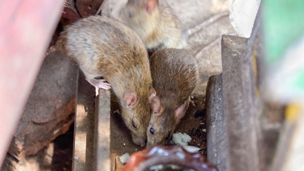 Három vándorpatkány, akik ételt keresnek egy régi, rozsdás felületen.