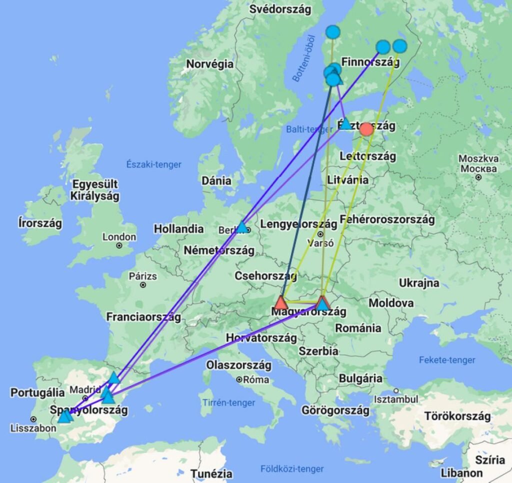 Európa térképe, amelyen darvak vonulási útvonalai láthatók különböző színű vonalakkal.