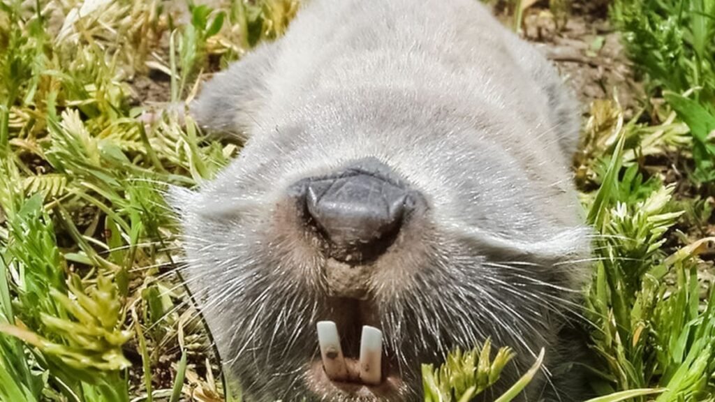 Egy földikutya pihen a zöld fűben, aranyos orrával és fehér fogaival.