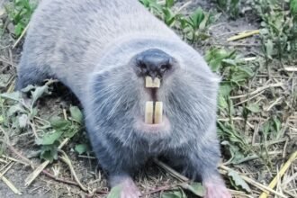 Egy földikutya, szürke bundával és jellegzetes nagy fogaival, a földön fekszik.