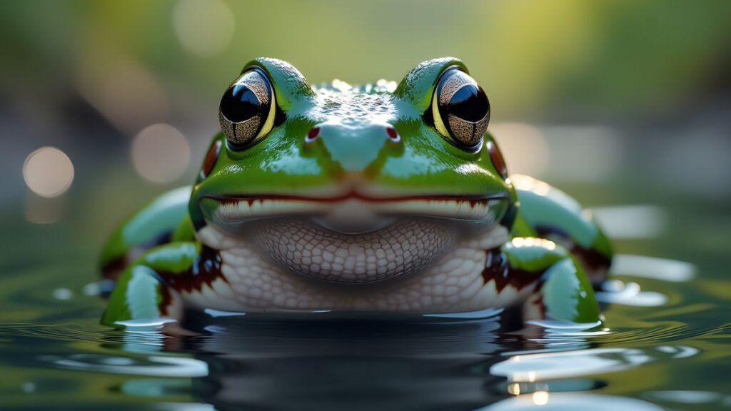 Egy zöld béka, amely a víz felszínén ül, nagy, fényes szemekkel és sima bőrrel.