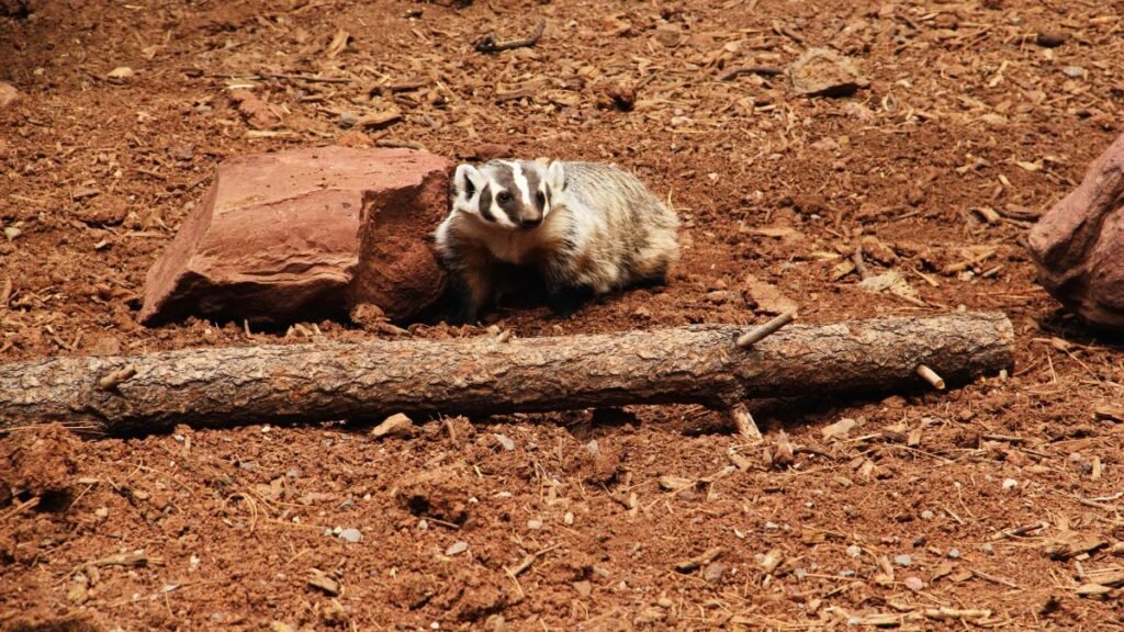 Egy menyétfélék közé tartozó állat ül egy kő és faág mellett, földes környezetben.
