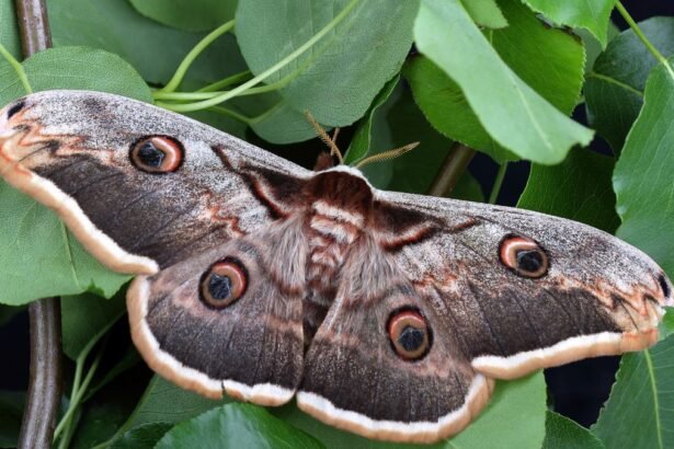 Egy gyönyörű Saturnia pyri lepke pihen egy zöld levélen, színes szárnyai szépen megjelennek.