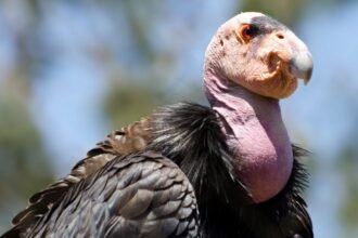 Egy kaliforniai kondor közelről, színes tollazattal és különleges arccal.