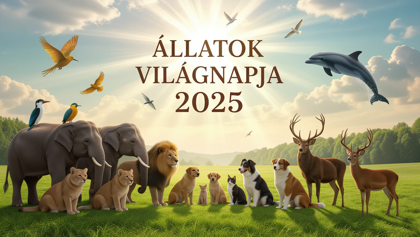 Különböző állatok csoportja a természetben, a háttérben napfény és zöld fű.