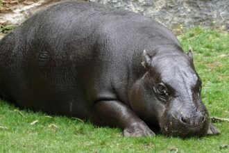 Egy törpe víziló fekszik a zöld fűben, nyugodt és pihentető pózban.