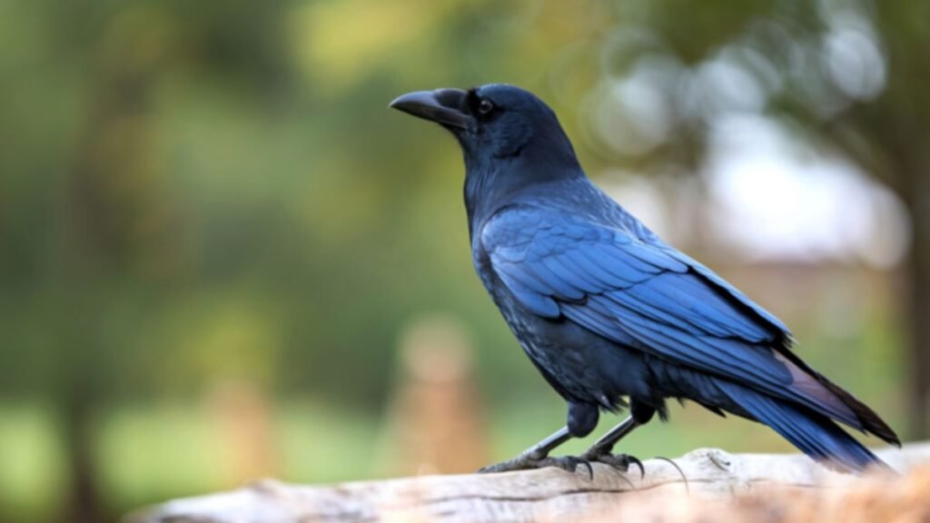 Egy gyönyörű kék színű madár, amely egy fán ül, háttérben zöld növényzet látható.