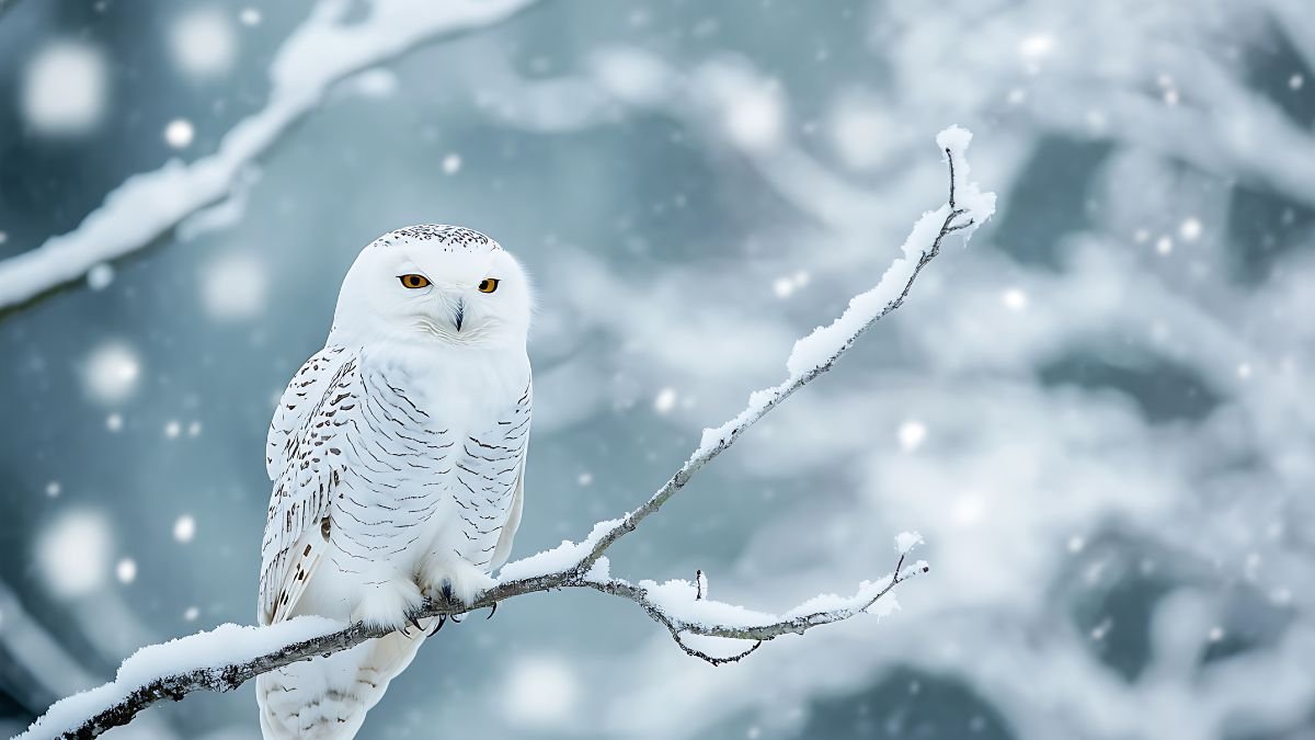 Egy hófehér bagoly ül egy ágon, hóesés közepette, csodálatos téli tájban.