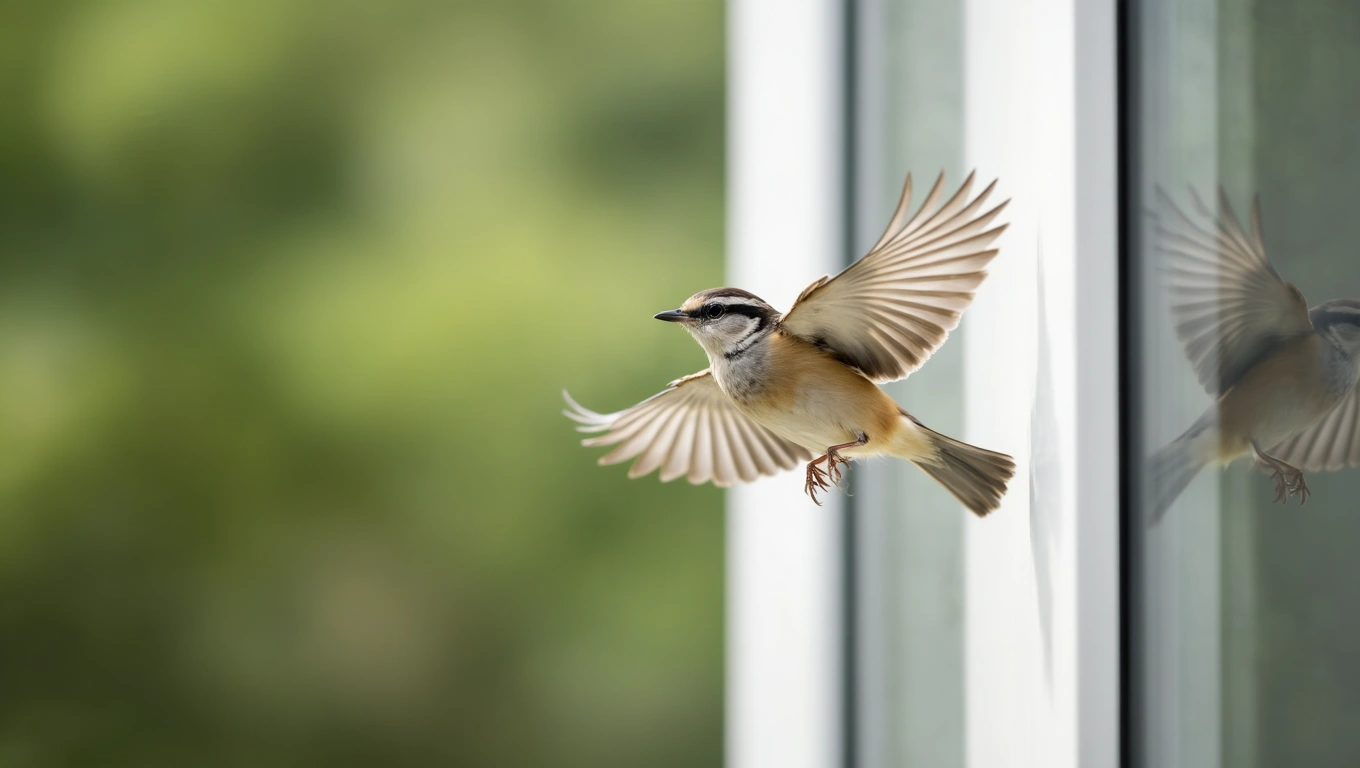 Egy madár repül az ablak felé, szárnyait szélesen kitárva, a zöld háttérben.