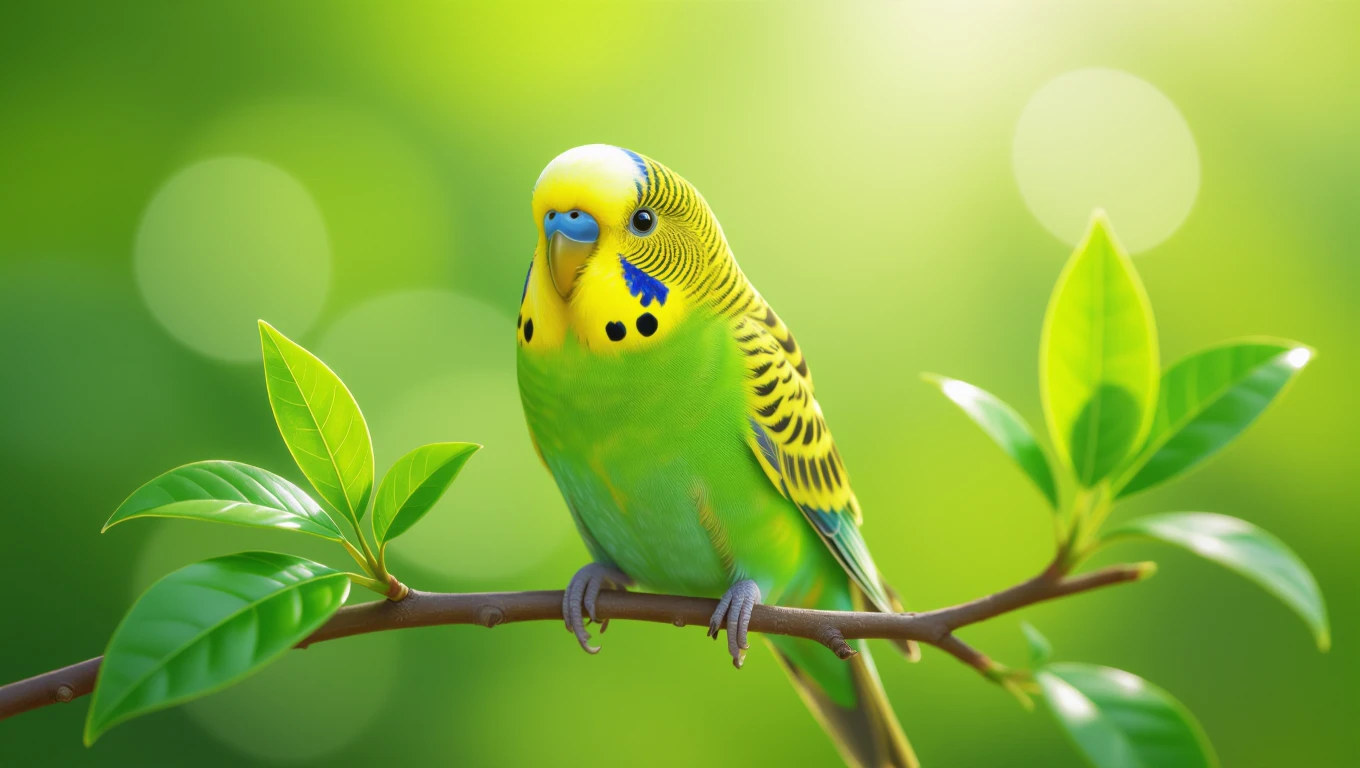 Egy színes hullámos papagáj ül egy ágon, zöld levelek között, élénk háttérrel.