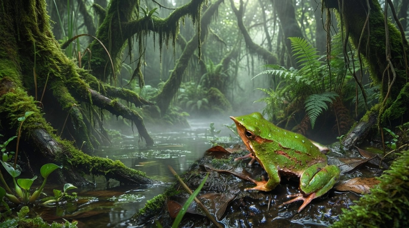 Egy zöld kétéltű a trópusi erdőben, víz mellett, moha és növények között.