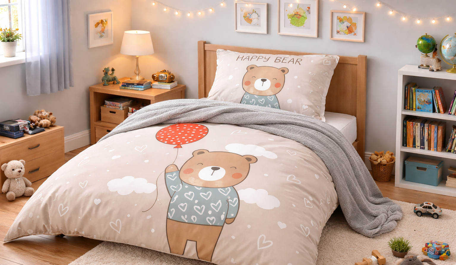 Egy vidám medve mintás ágynemű egy gyerekszobában, színes párnákkal és játékokkal.