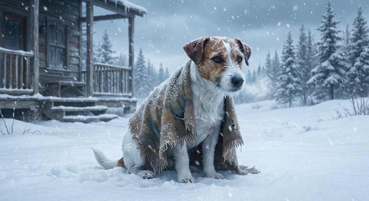 Egy kutya meleg takaróba burkolózva ül a hóban, fázósan néz a kamerába.