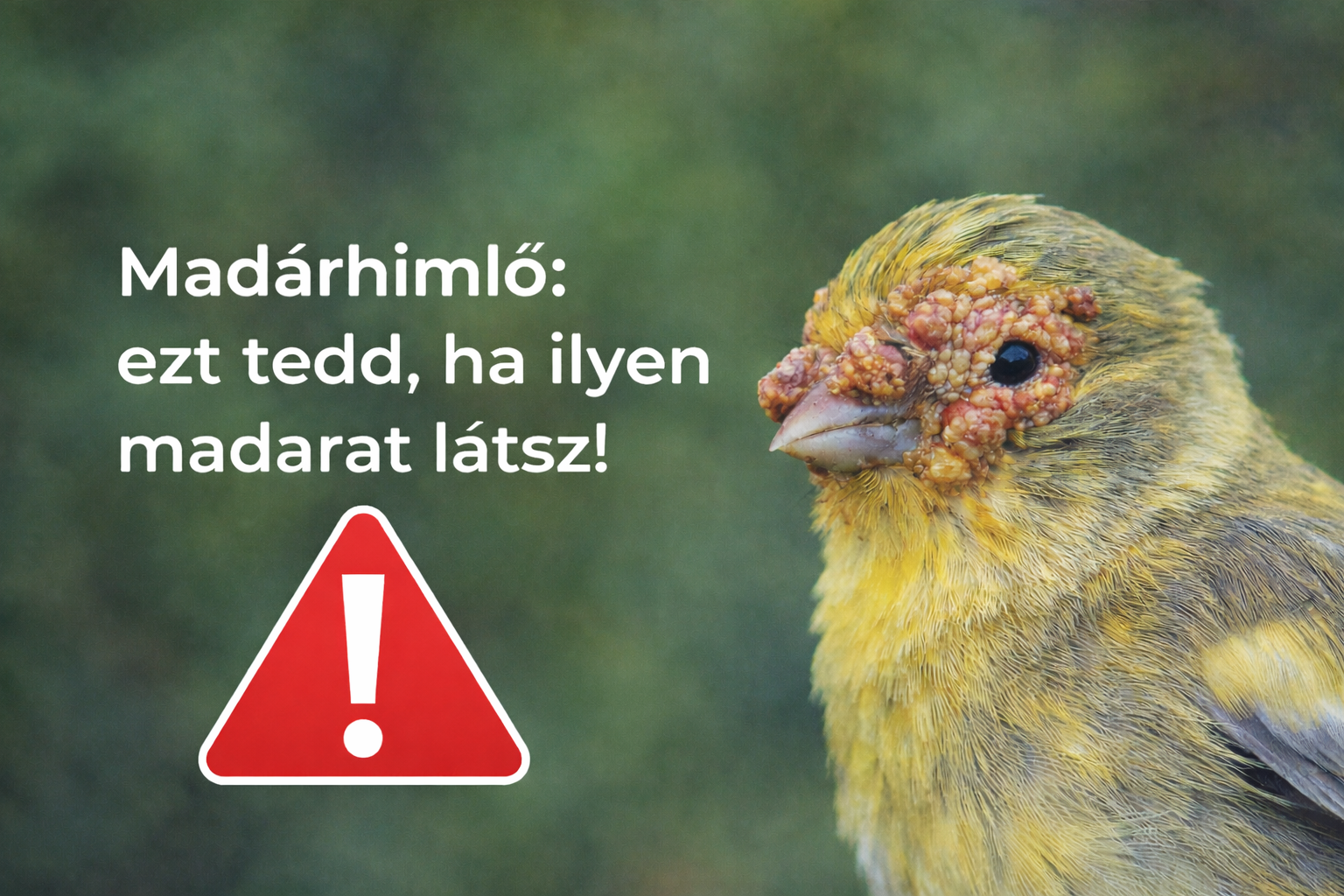 Egy sárga énekesmadár, torz csőrrel és duzzadt szemekkel, a madárhimlő jeleit mutatja.