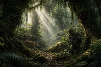 Zsúfolt dzsungel árnyékában rejtőző ragadozók és a túlélés mesterei figyelnek