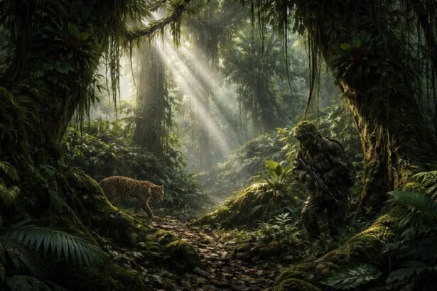 Zsúfolt dzsungel árnyékában rejtőző ragadozók és a túlélés mesterei figyelnek