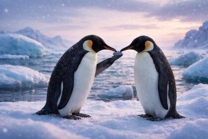 Két pingvin udvarol a jeges parton, kövek felajánlásával és barátságos jelzésekkel.