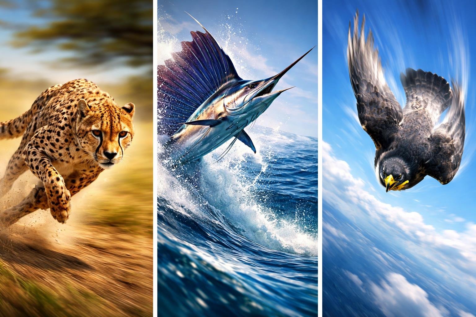 Szárazföldön, vízben és levegőben a leggyorsabb állatok dinamikus bemutatója különböző környezetekben fut, úszik és repül