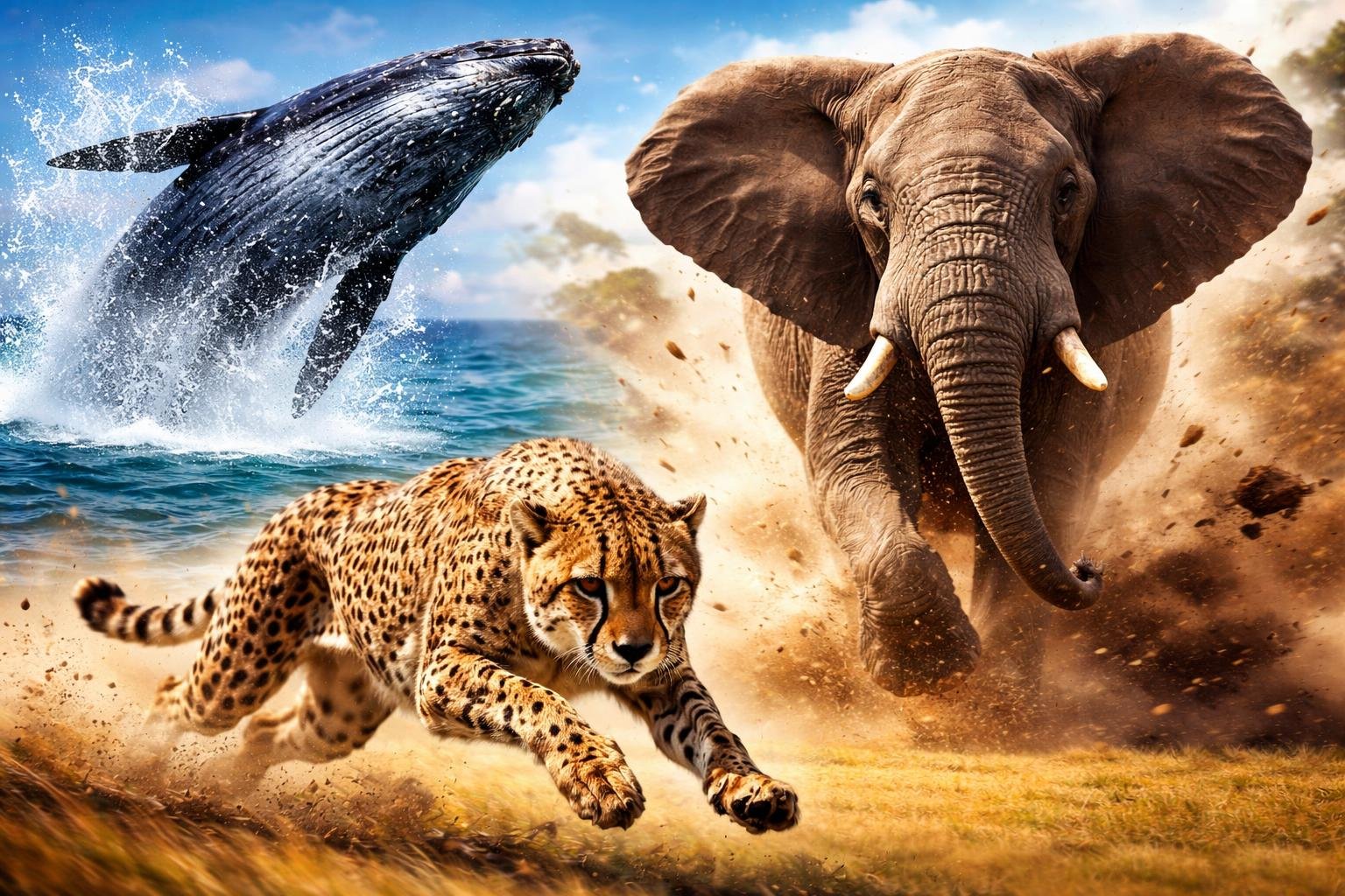 Az állati rekorderek témája vizuálisan megjelenítve, gyorsaságot, erőt és hangot hangsúlyozva