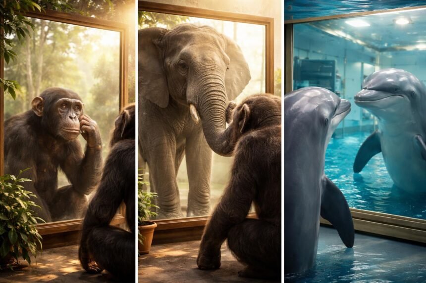 Tükör előtt pózoló állat, amely felismeri önmagát a tükörben és megfigyeli környezetét.