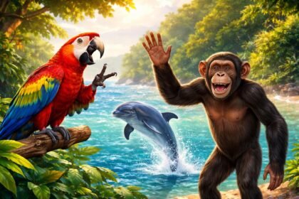 Vörös papagáj beszédet utánoz, integető főemlős mellette a zöld erdőben.