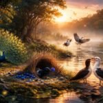 Különféle állatfajok udvarlási rítusainak vizuális bemutatója a természetben, tánccal és fényekkel.