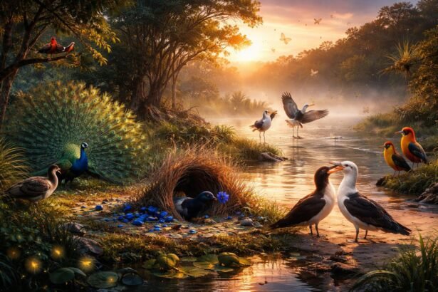 Különféle állatfajok udvarlási rítusainak vizuális bemutatója a természetben, tánccal és fényekkel.