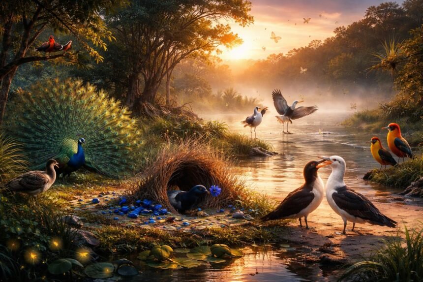 Különféle állatfajok udvarlási rítusainak vizuális bemutatója a természetben, tánccal és fényekkel.