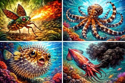 Ritka állatok védekezési mechanizmusait bemutató kollektív fotó, a természet látható sokszínűségének példáival