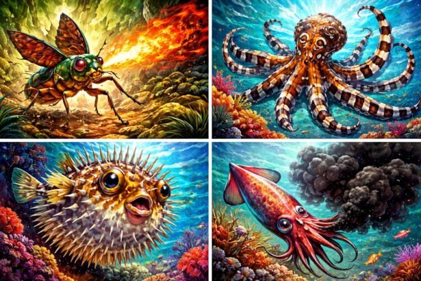 Ritka állatok védekezési mechanizmusait bemutató kollektív fotó, a természet látható sokszínűségének példáival