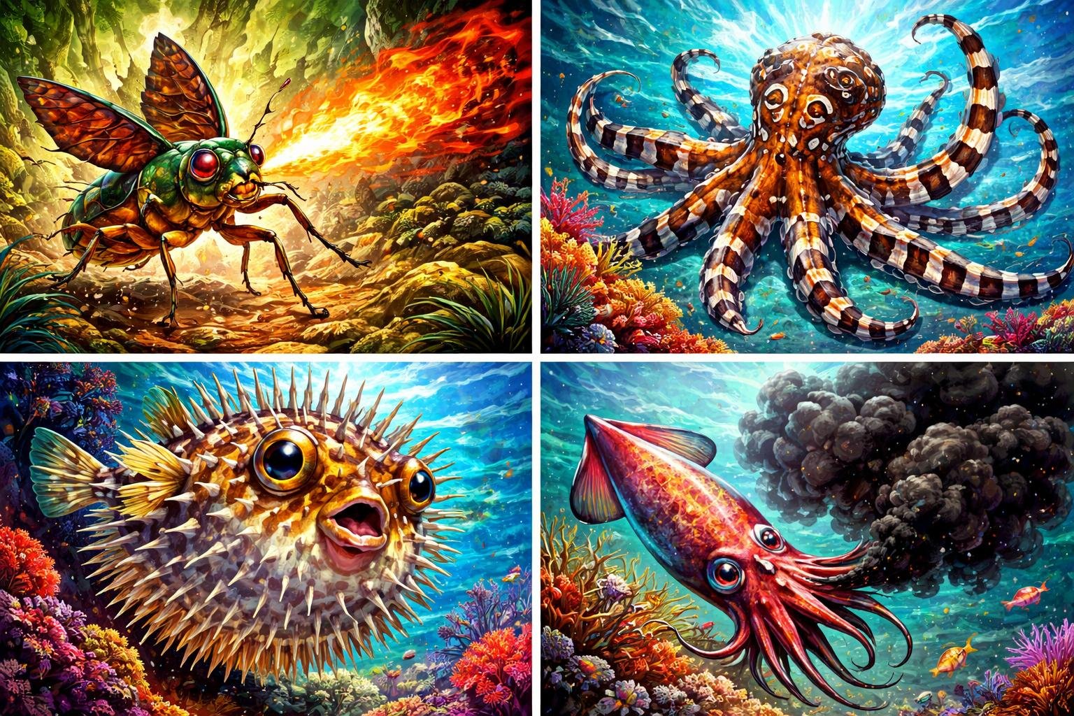 Ritka állatok védekezési mechanizmusait bemutató kollektív fotó, a természet látható sokszínűségének példáival