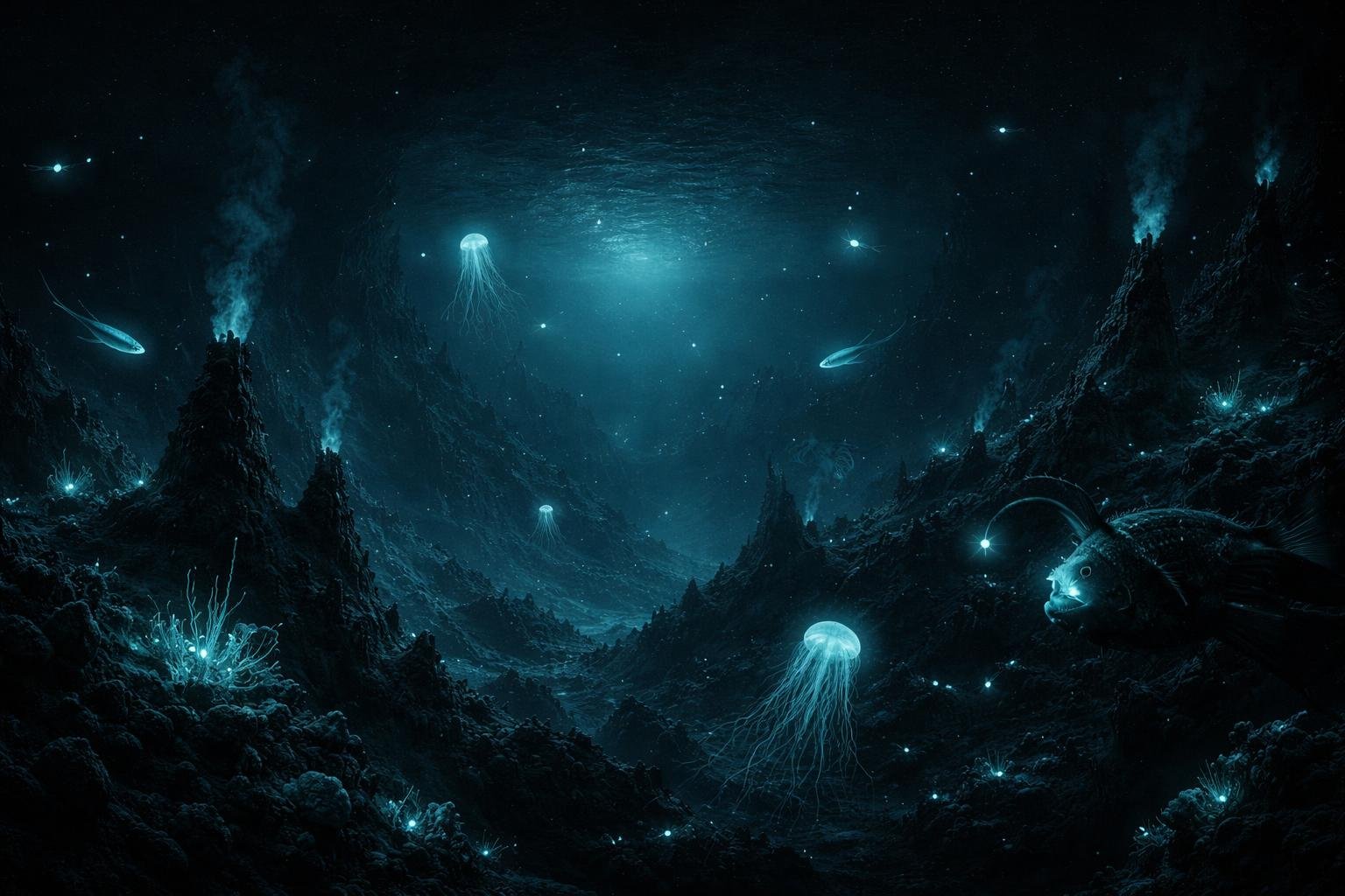 Éjféli zóna mélytengeri élőlények portréja sötétben, alacsony fény nélkül, nyomás alatt.