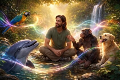 Különböző állatok beszélgetést szimulálnak emberi arckifejezésekkel és összetett hangkifejezésekkel a tudományos megfigyelések kontextusában.