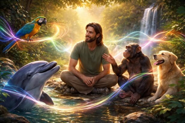 Különböző állatok beszélgetést szimulálnak emberi arckifejezésekkel és összetett hangkifejezésekkel a tudományos megfigyelések kontextusában.