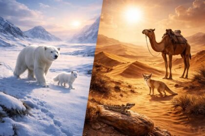 Különleges túlélési stratégiákat bemutató állatok egzotikus törékeny környezetben sivatagban és jégen